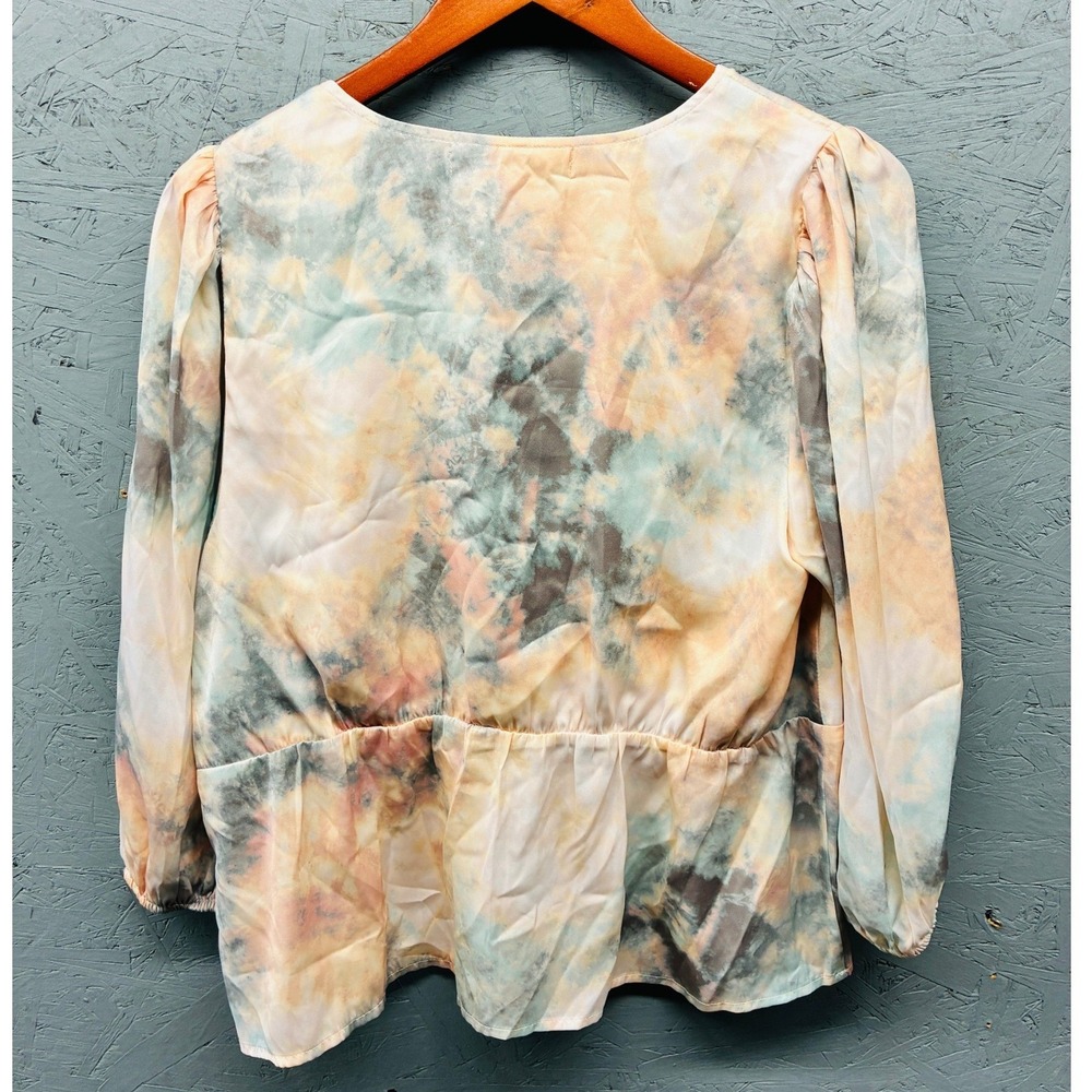 Saltwater Luxe Tie Front Blouse Women's Large Blue Peach Tie Dye Cropped Top - Picture 10 of 11